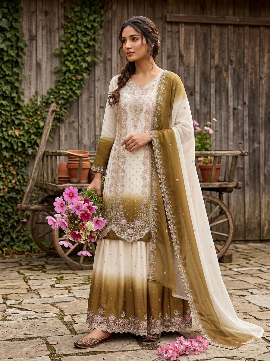 Designer Party Wear Heavy Dual Tone Georgette Top Palazzo & Dupatta Set
