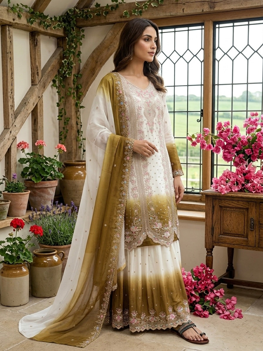 Designer Party Wear Heavy Dual Tone Georgette Top Palazzo & Dupatta Set
