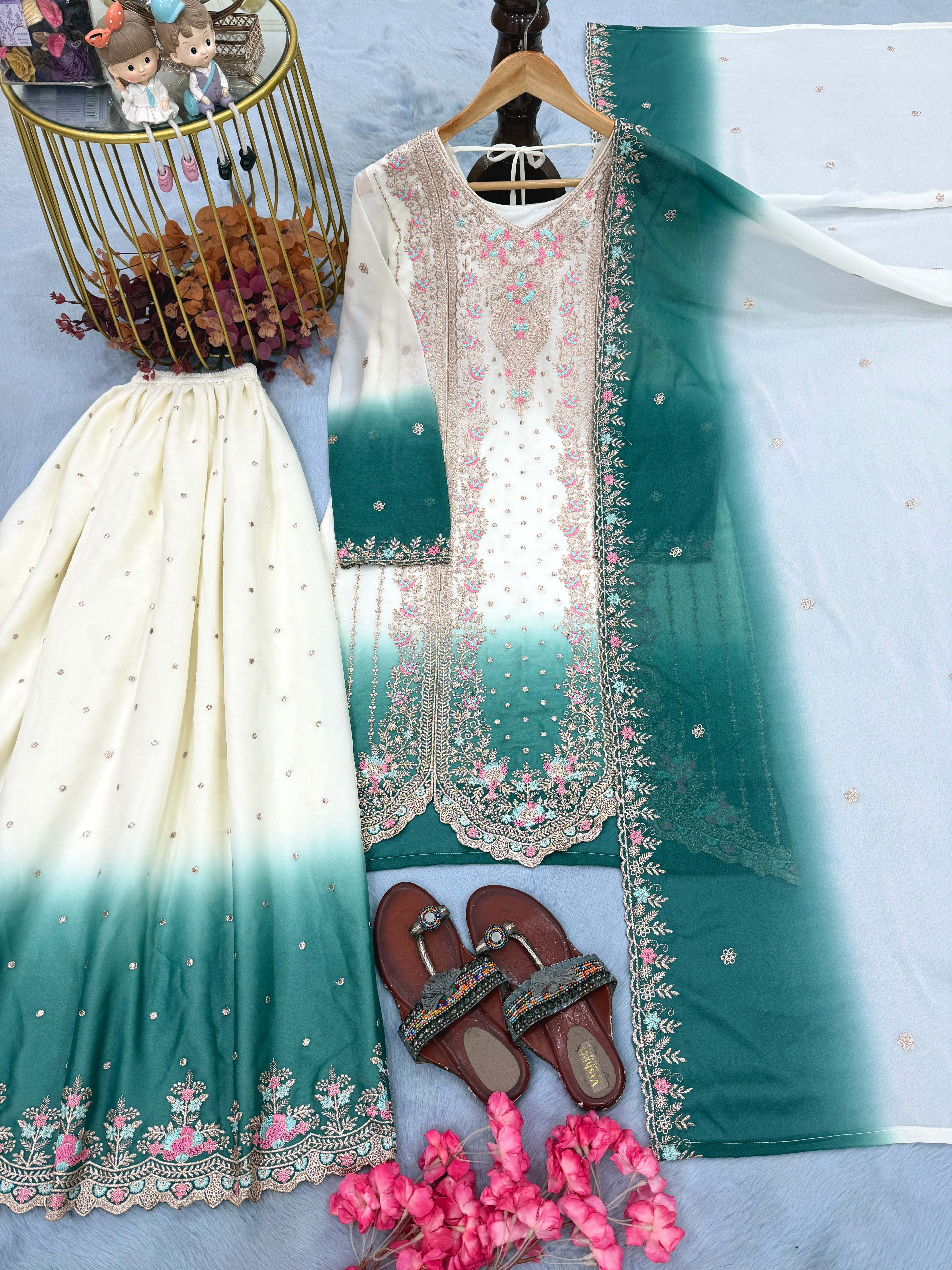 Designer Party Wear Heavy Dual Tone Georgette Top Palazzo & Dupatta Set