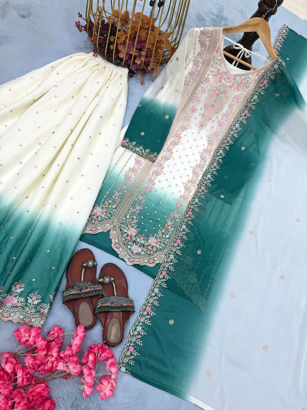 Designer Party Wear Heavy Dual Tone Georgette Top Palazzo & Dupatta Set