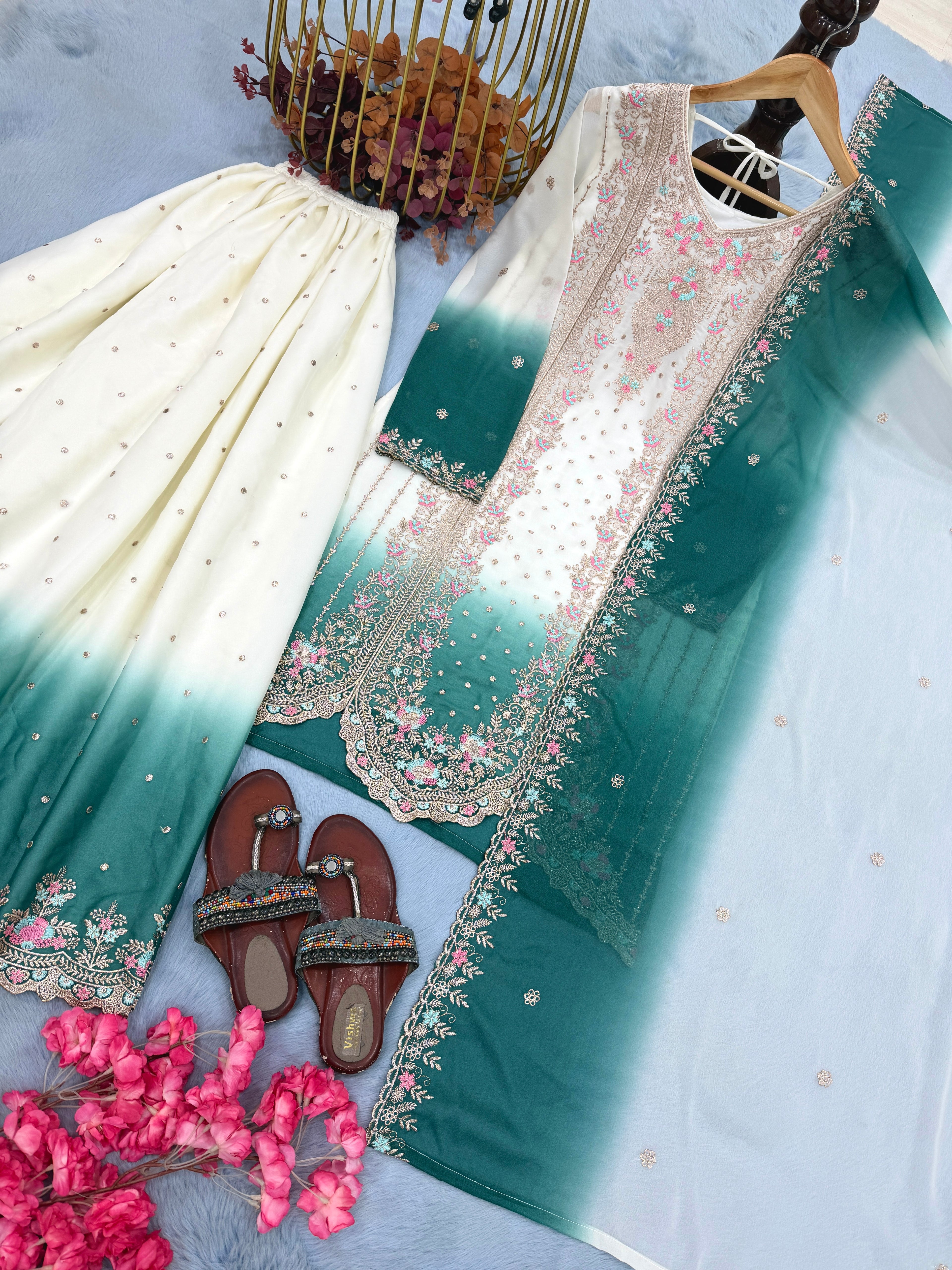 Designer Party Wear Heavy Dual Tone Georgette Top Palazzo & Dupatta Set