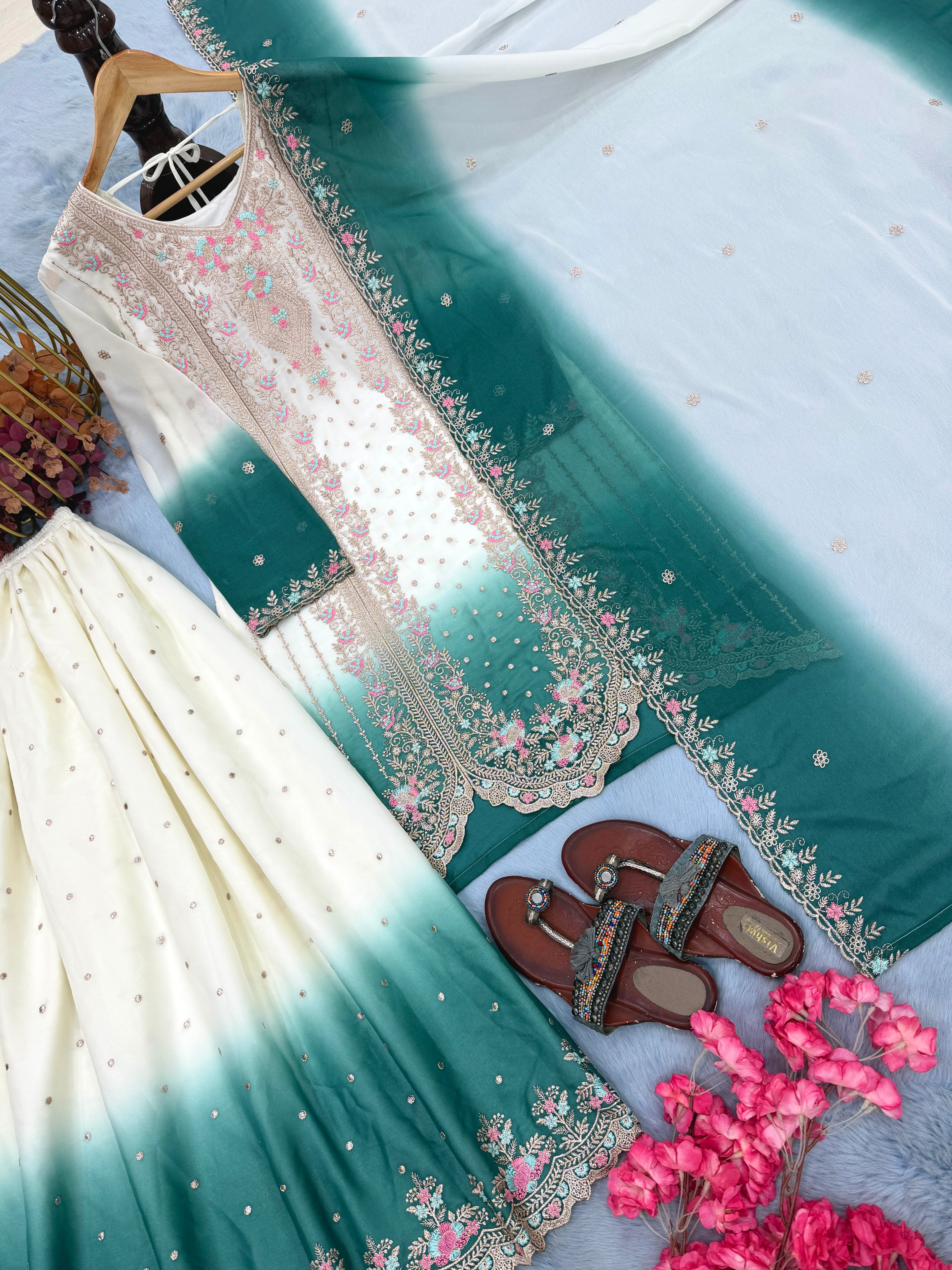 Designer Party Wear Heavy Dual Tone Georgette Top Palazzo & Dupatta Set