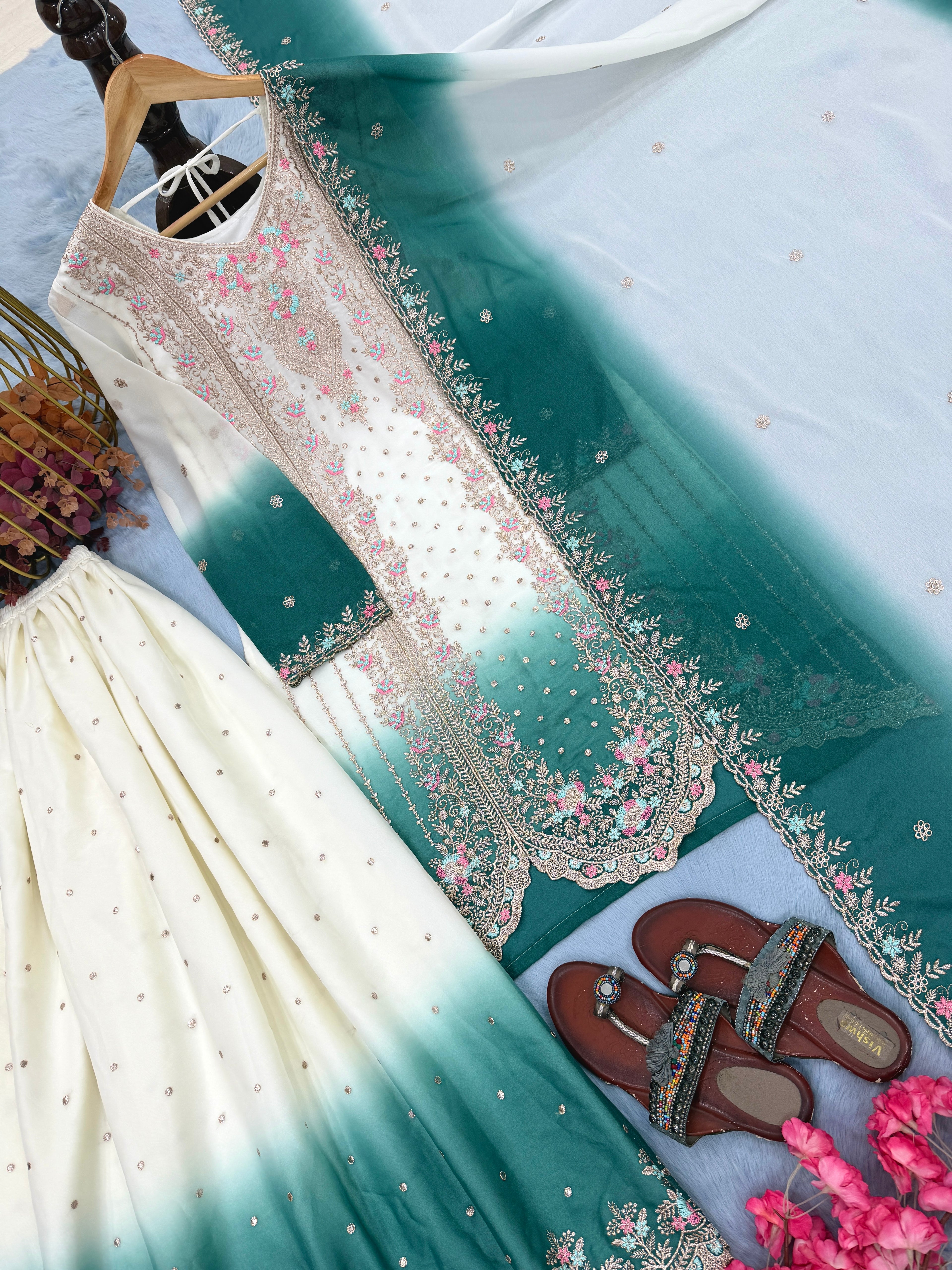 Designer Party Wear Heavy Dual Tone Georgette Top Palazzo & Dupatta Set