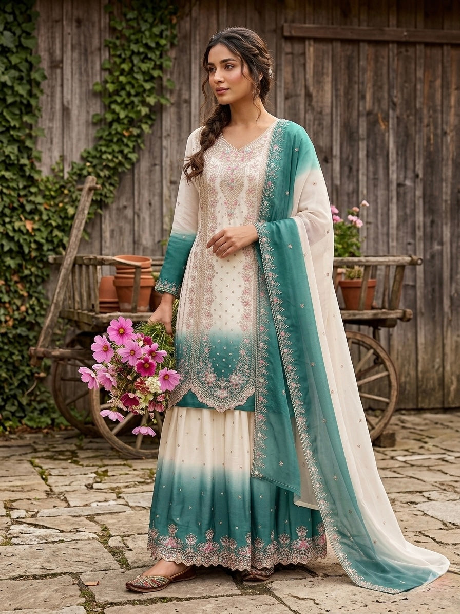 Designer Party Wear Heavy Dual Tone Georgette Top Palazzo & Dupatta Set