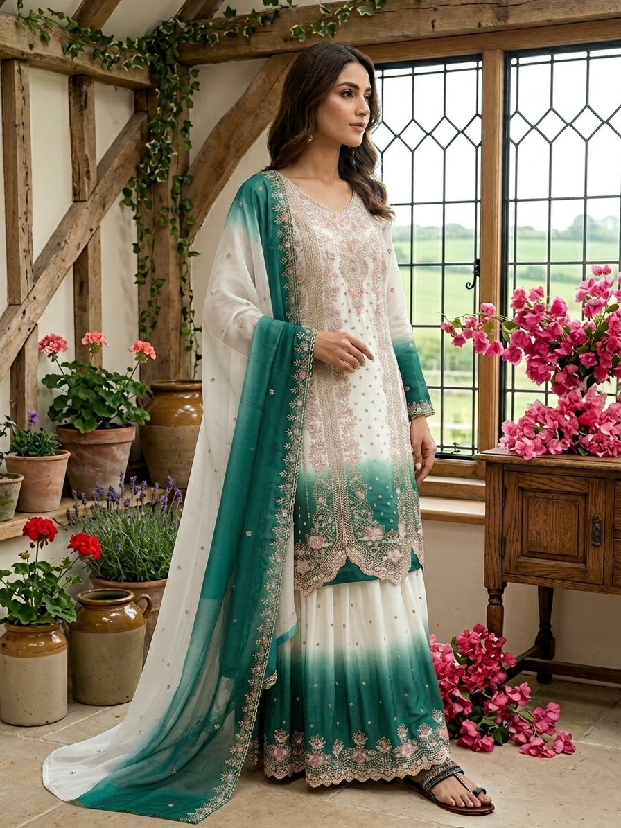Designer Party Wear Heavy Dual Tone Georgette Top Palazzo & Dupatta Set