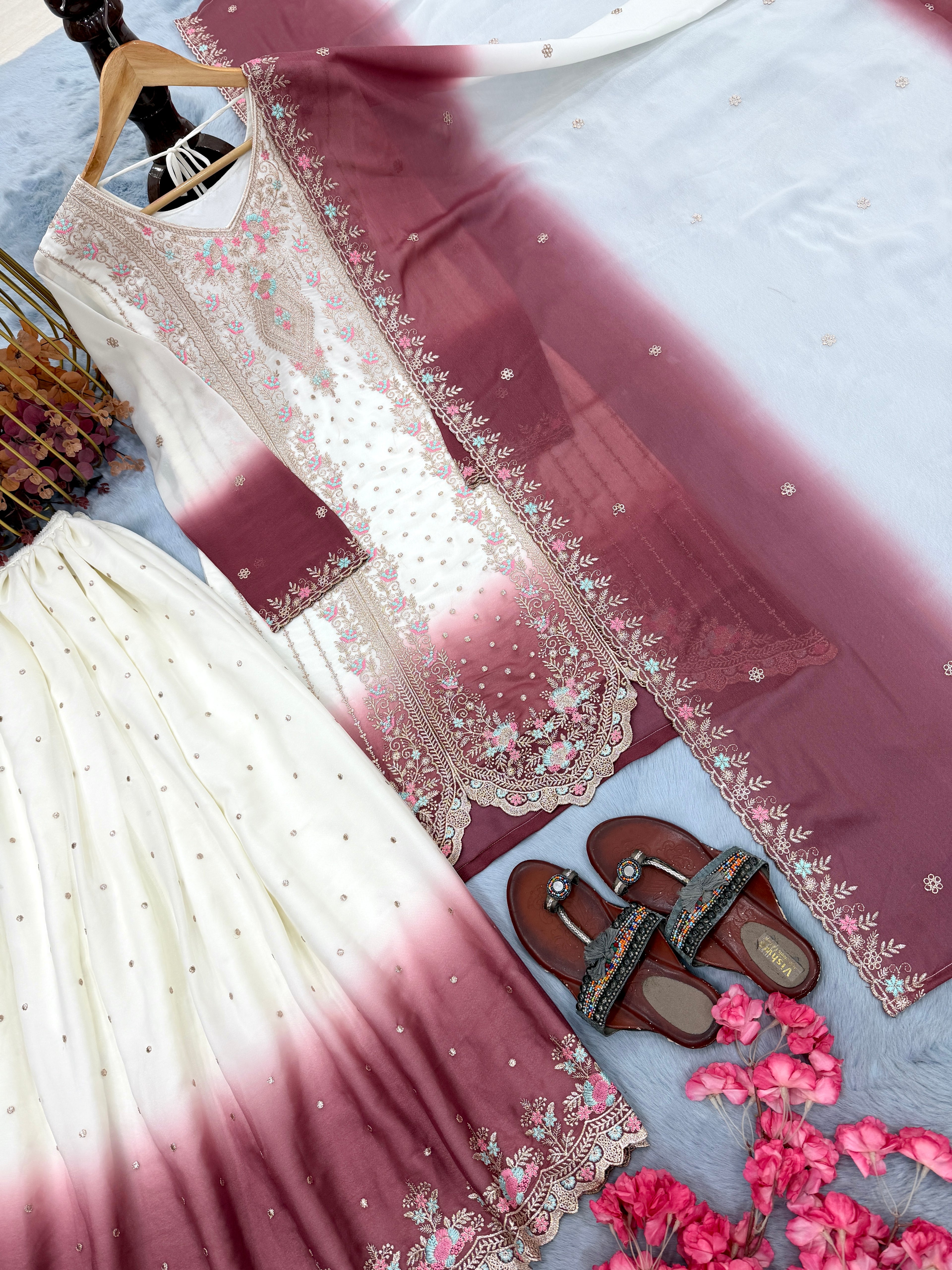 Designer Party Wear Heavy Dual Tone Georgette Top Palazzo & Dupatta Set