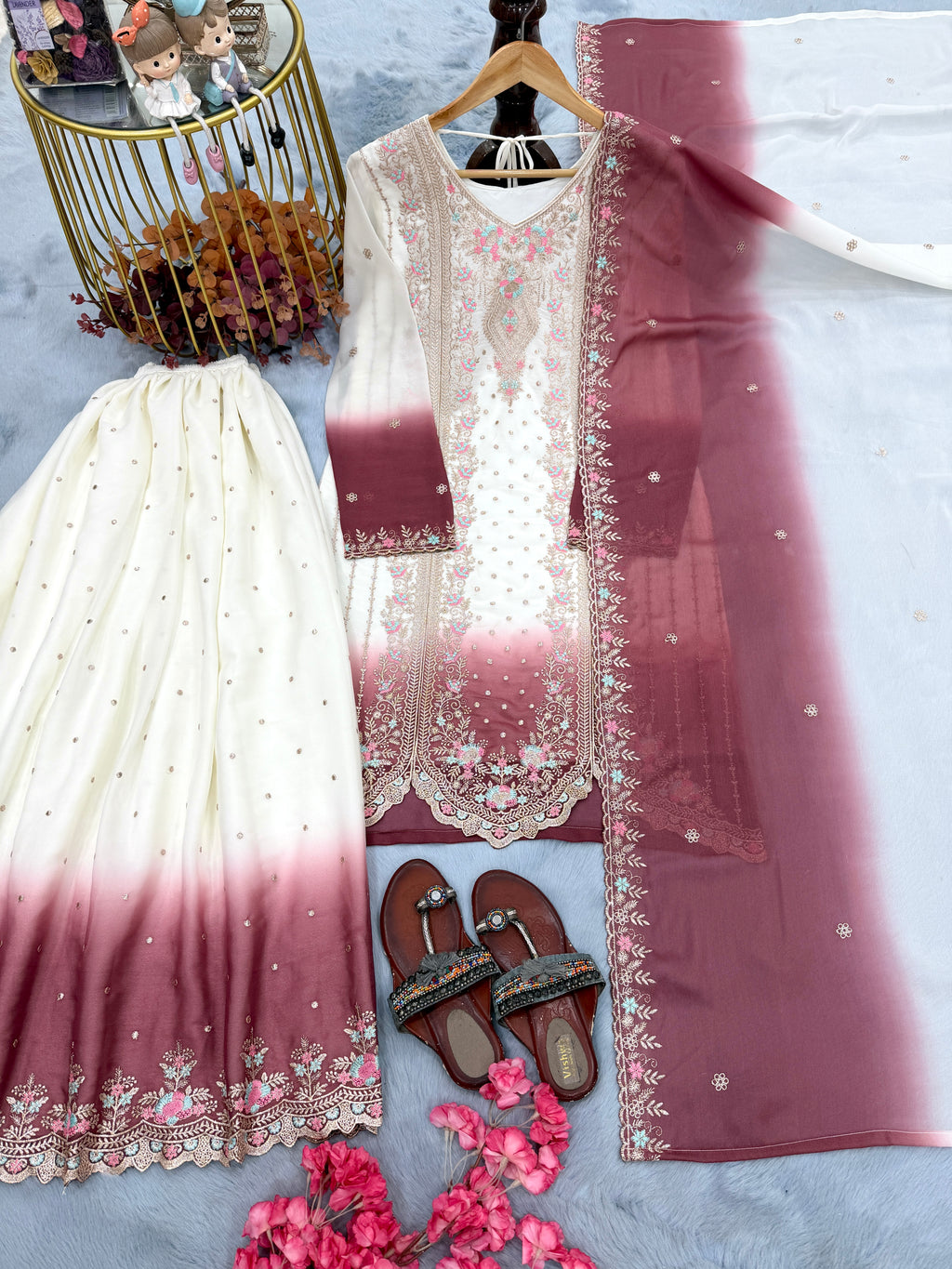 Designer Party Wear Heavy Dual Tone Georgette Top Palazzo & Dupatta Set