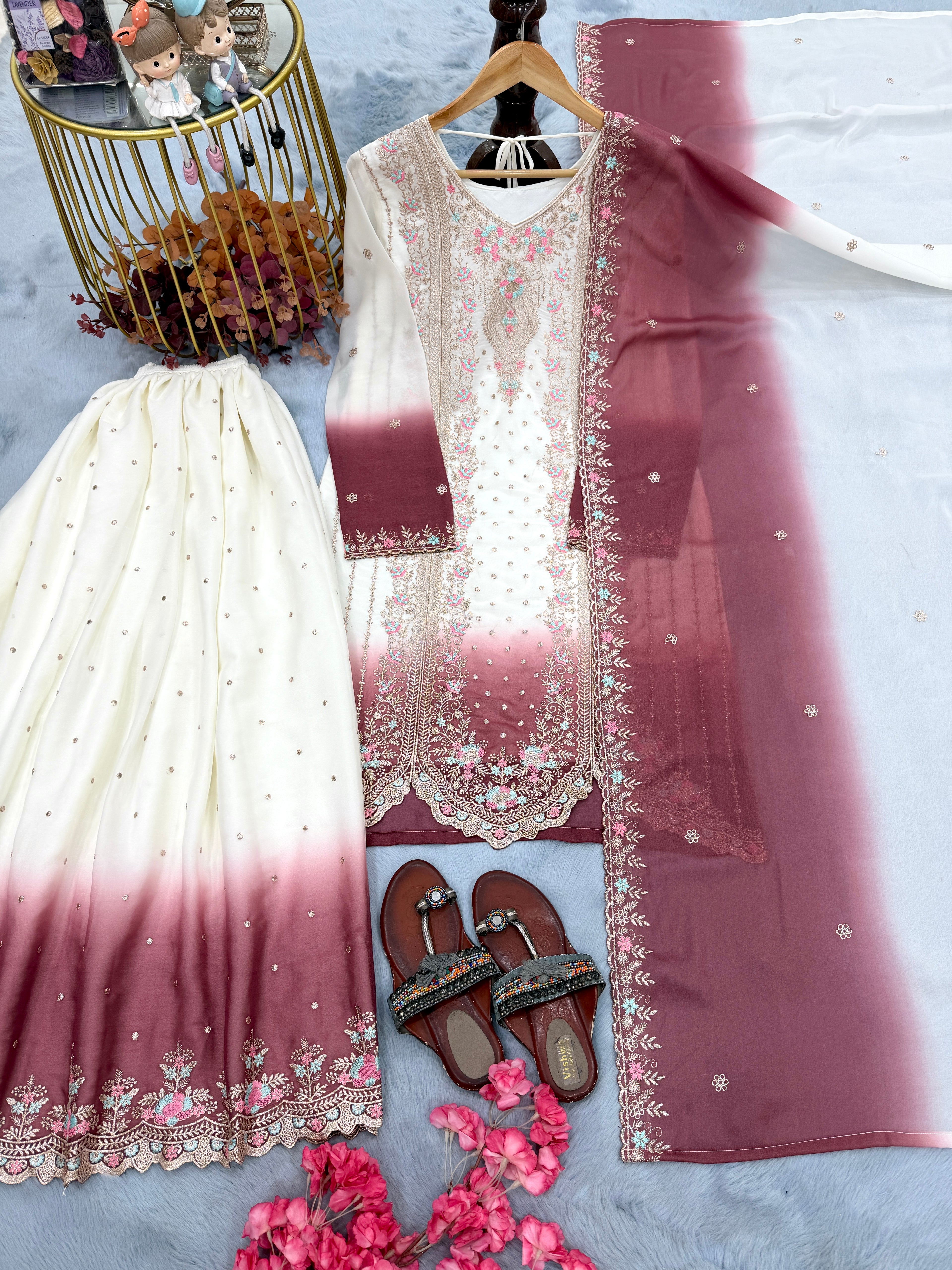 Designer Party Wear Heavy Dual Tone Georgette Top Palazzo & Dupatta Set