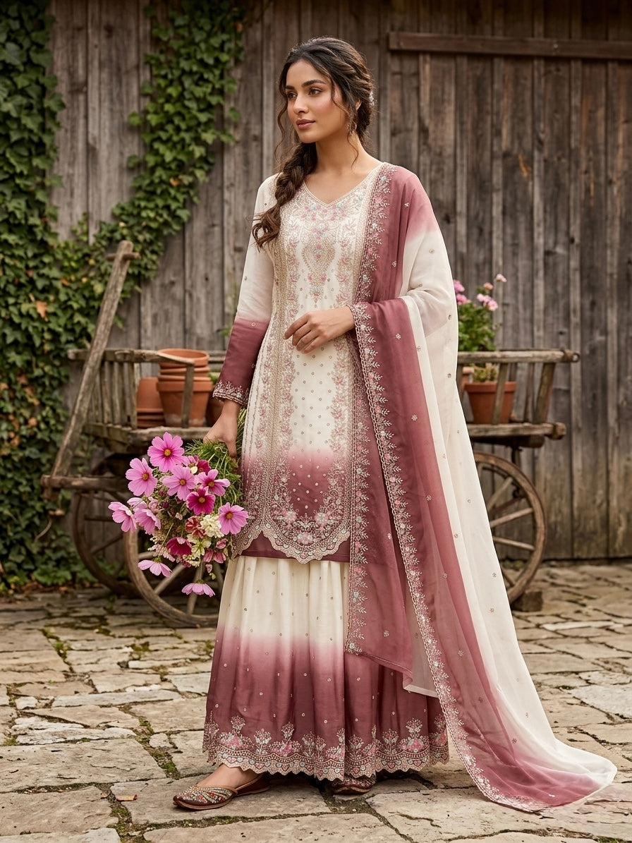 Designer Party Wear Heavy Dual Tone Georgette Top Palazzo & Dupatta Set