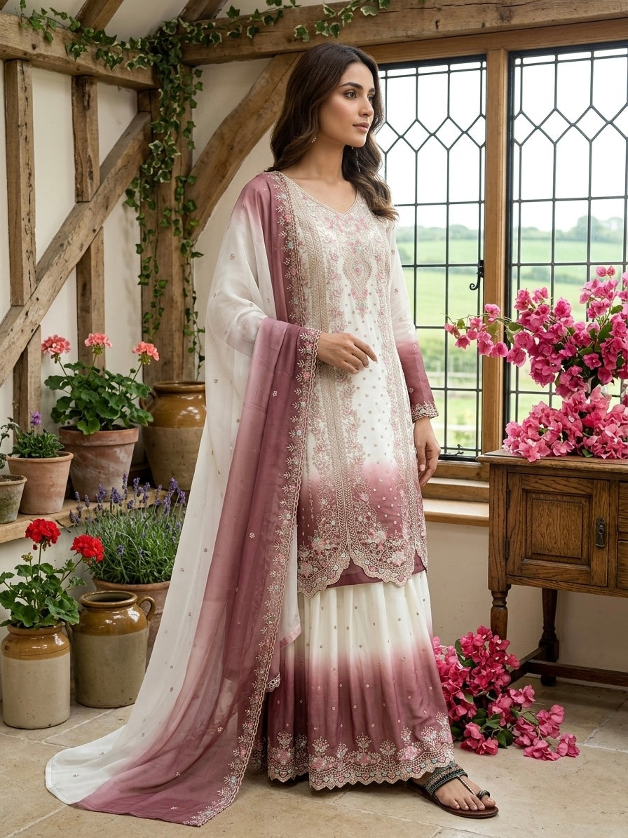 Designer Party Wear Heavy Dual Tone Georgette Top Palazzo & Dupatta Set