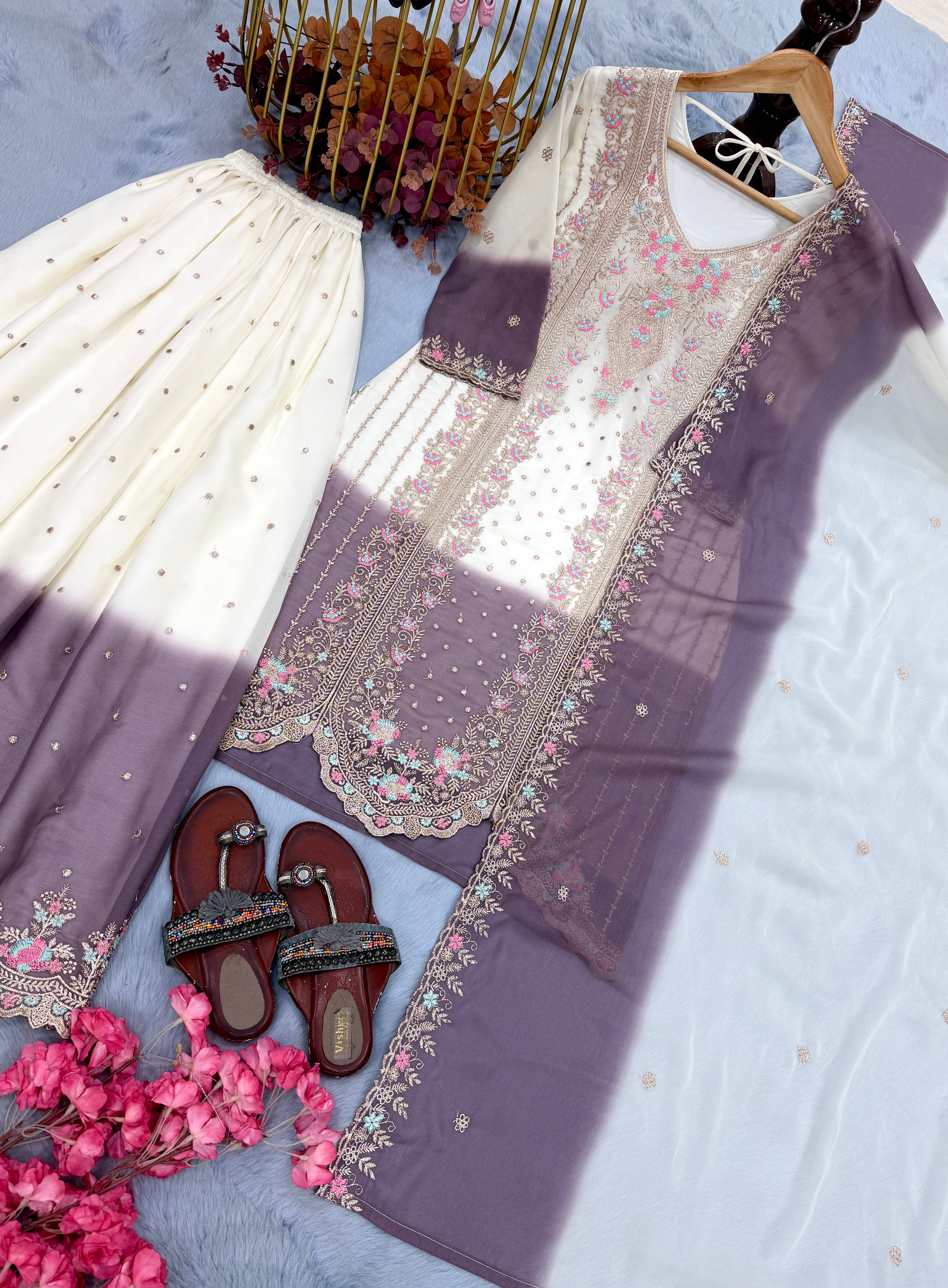 Designer Party Wear Heavy Dual Tone Georgette Top Palazzo & Dupatta Set