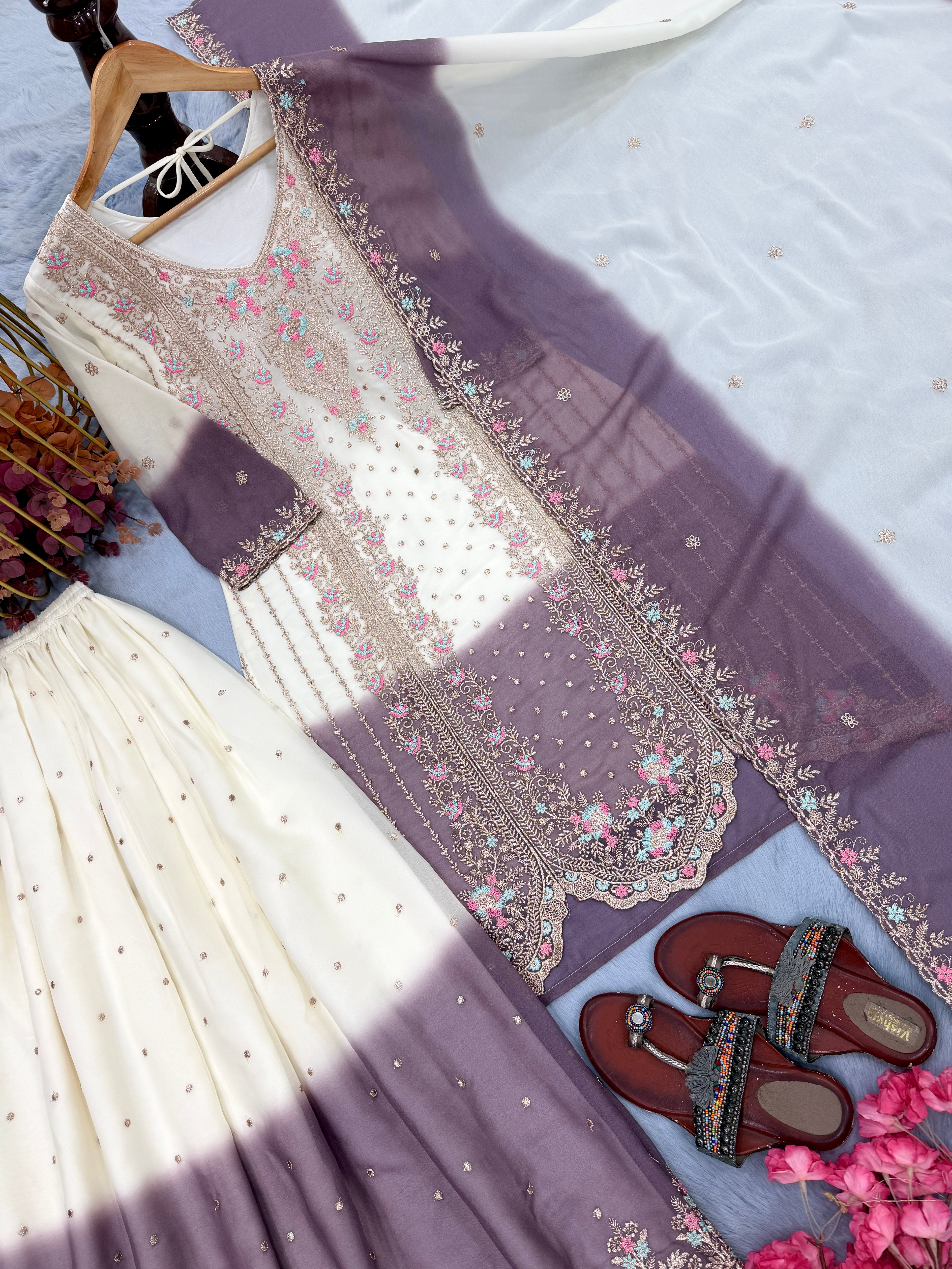 Designer Party Wear Heavy Dual Tone Georgette Top Palazzo & Dupatta Set