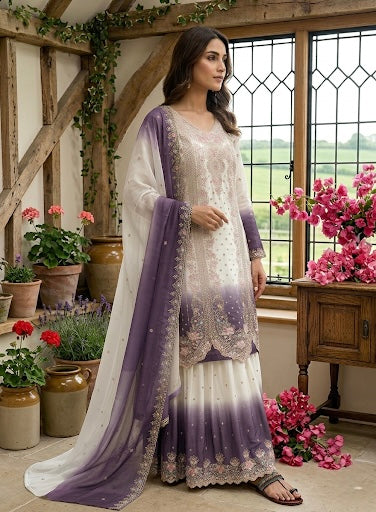 Designer Party Wear Heavy Dual Tone Georgette Top Palazzo & Dupatta Set