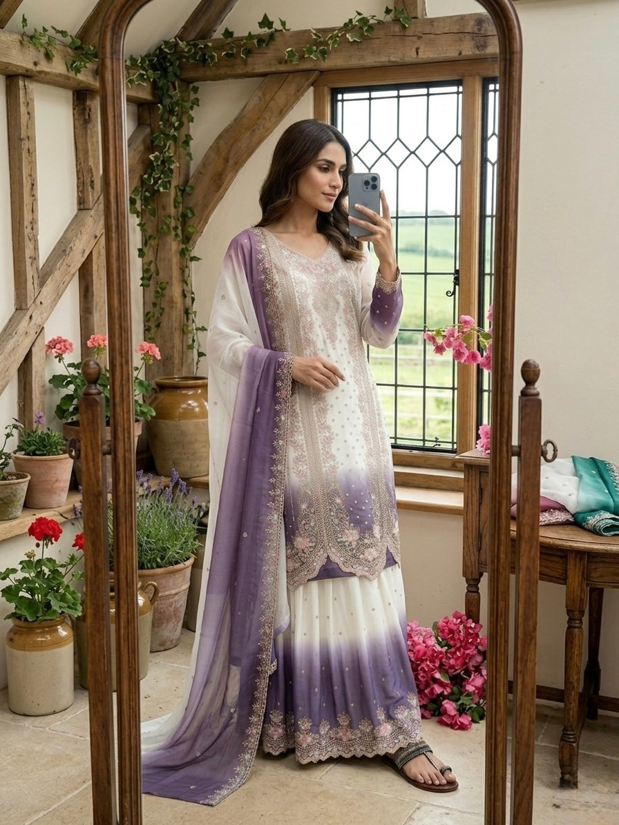 Designer Party Wear Heavy Dual Tone Georgette Top Palazzo & Dupatta Set