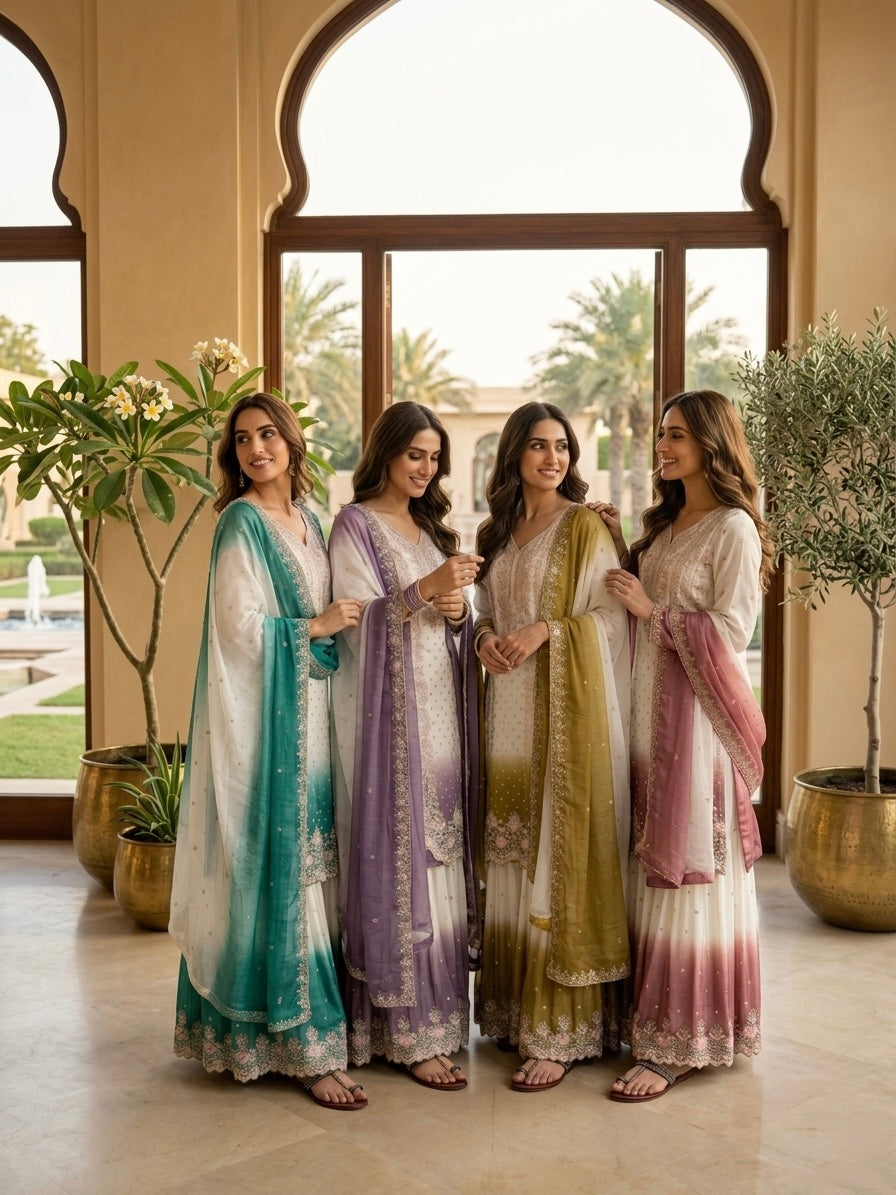 Designer Party Wear Heavy Dual Tone Georgette Top Palazzo & Dupatta Set