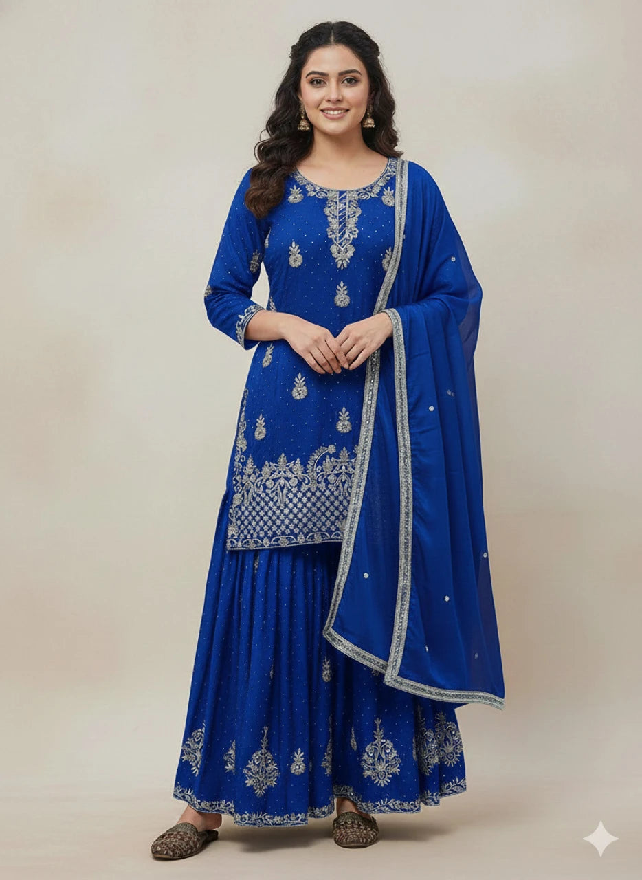 Silk Blend Kurta Palazzo Dupatta Set — Indian Party Wear