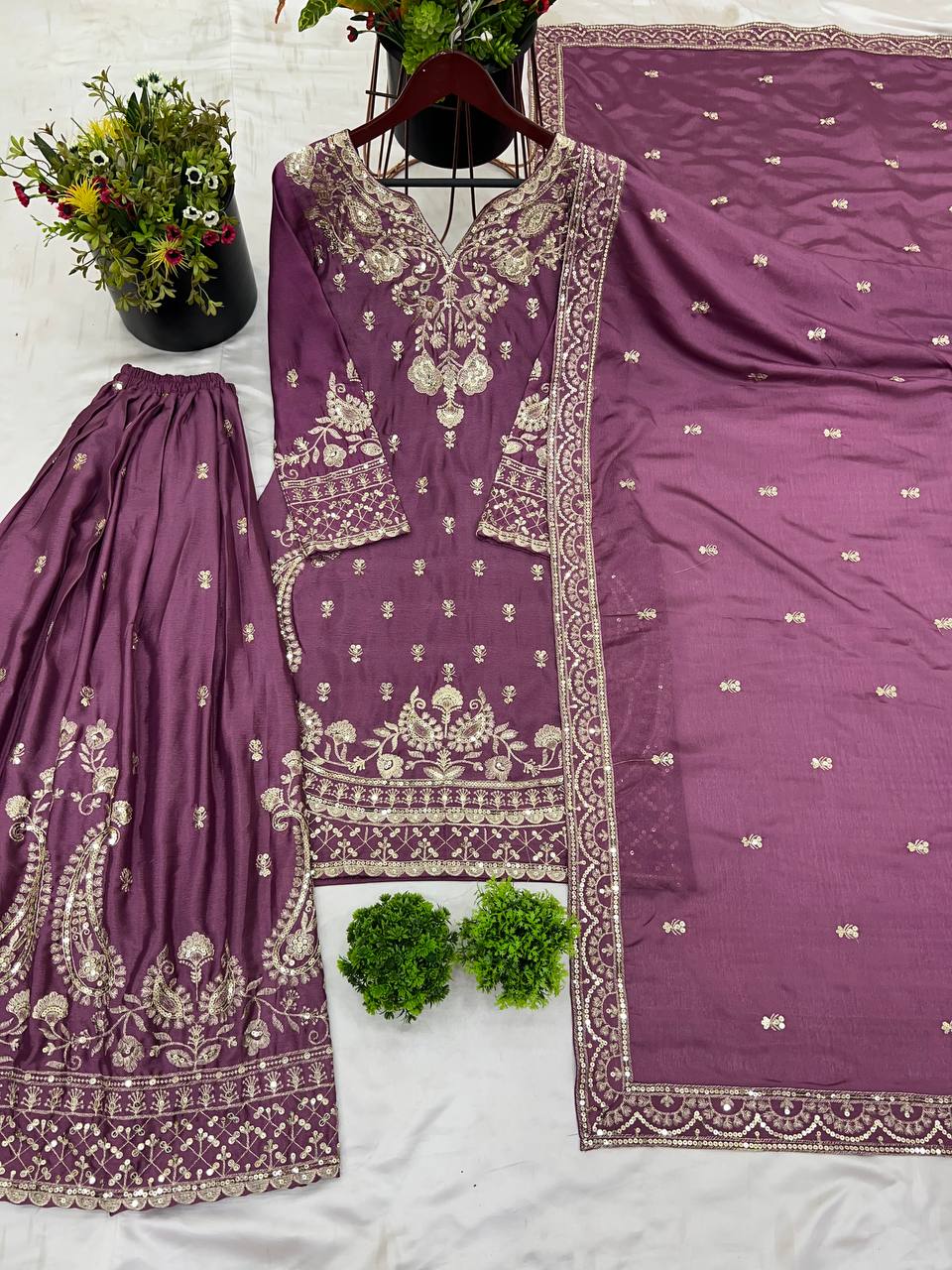 Chinon Silk Sequin Embroidered Sharara Suit with Dupatta
