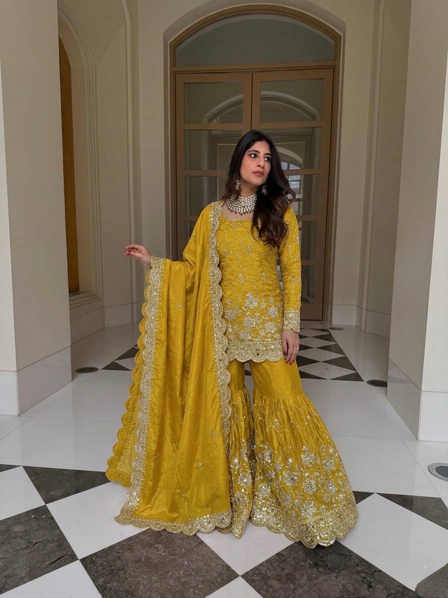 Designer GMY Silk Sharara Set with Real Mirror Hand Work | Fully Stitched 3-Piece