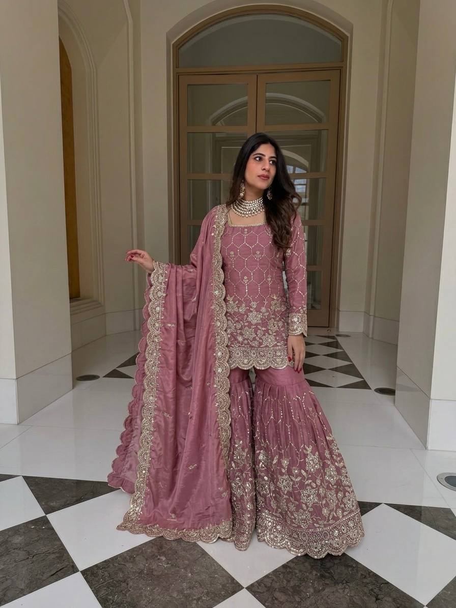 Designer GMY Silk Sharara Set with Real Mirror Hand Work | Fully Stitched 3-Piece