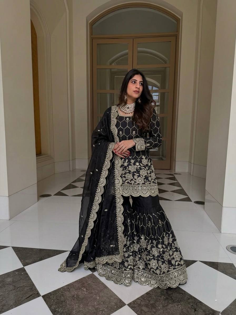 Designer GMY Silk Sharara Set with Real Mirror Hand Work | Fully Stitched 3-Piece
