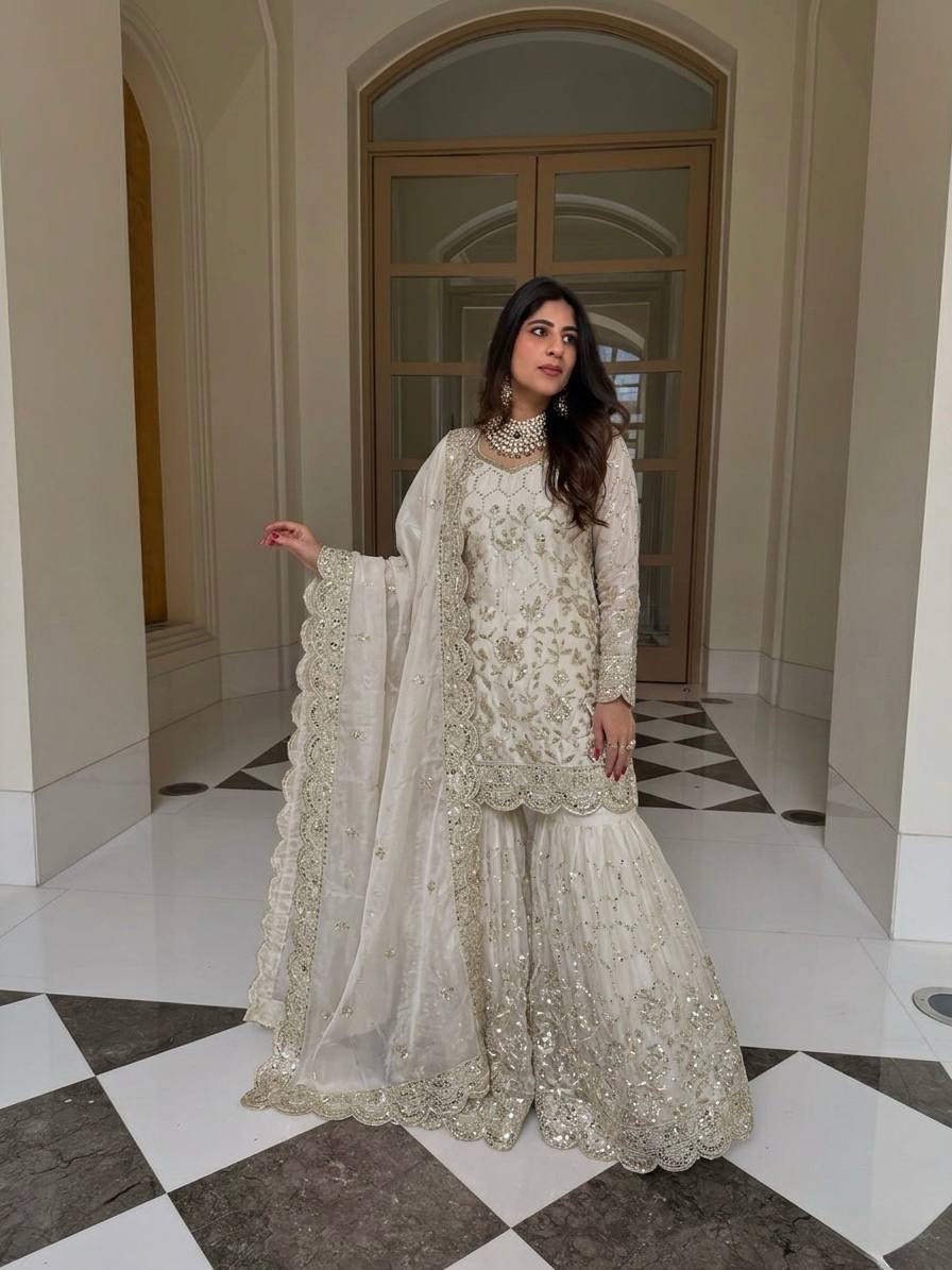 Designer GMY Silk Sharara Set with Real Mirror Hand Work | Fully Stitched 3-Piece