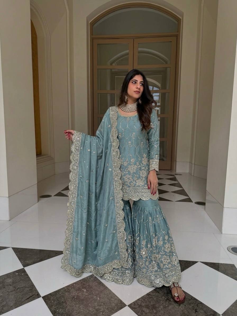 Designer GMY Silk Sharara Set with Real Mirror Hand Work | Fully Stitched 3-Piece