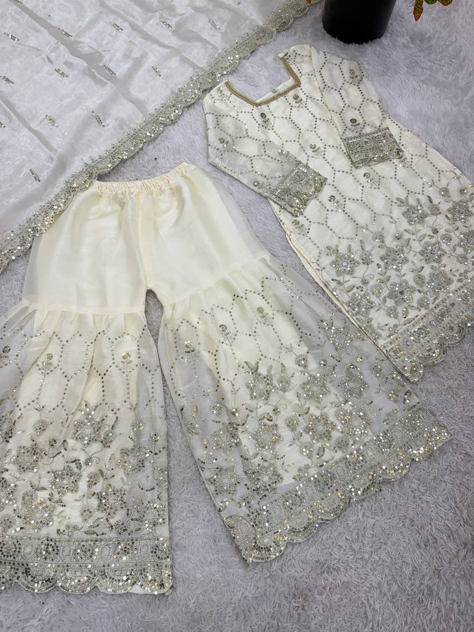 Designer GMY Silk Sharara Set with Real Mirror Hand Work | Fully Stitched 3-Piece