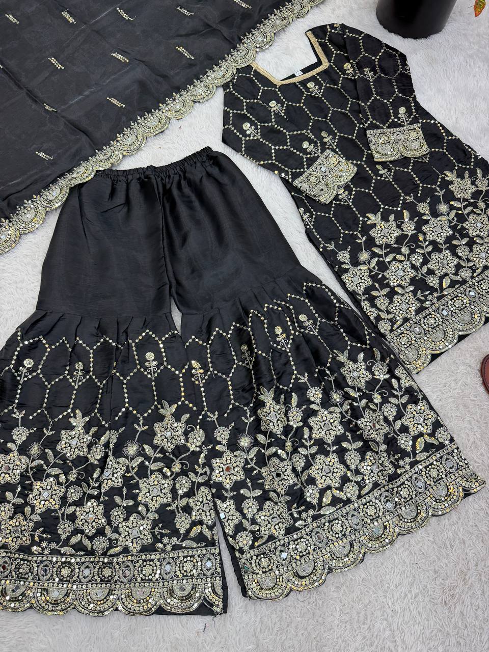 Designer GMY Silk Sharara Set with Real Mirror Hand Work | Fully Stitched 3-Piece