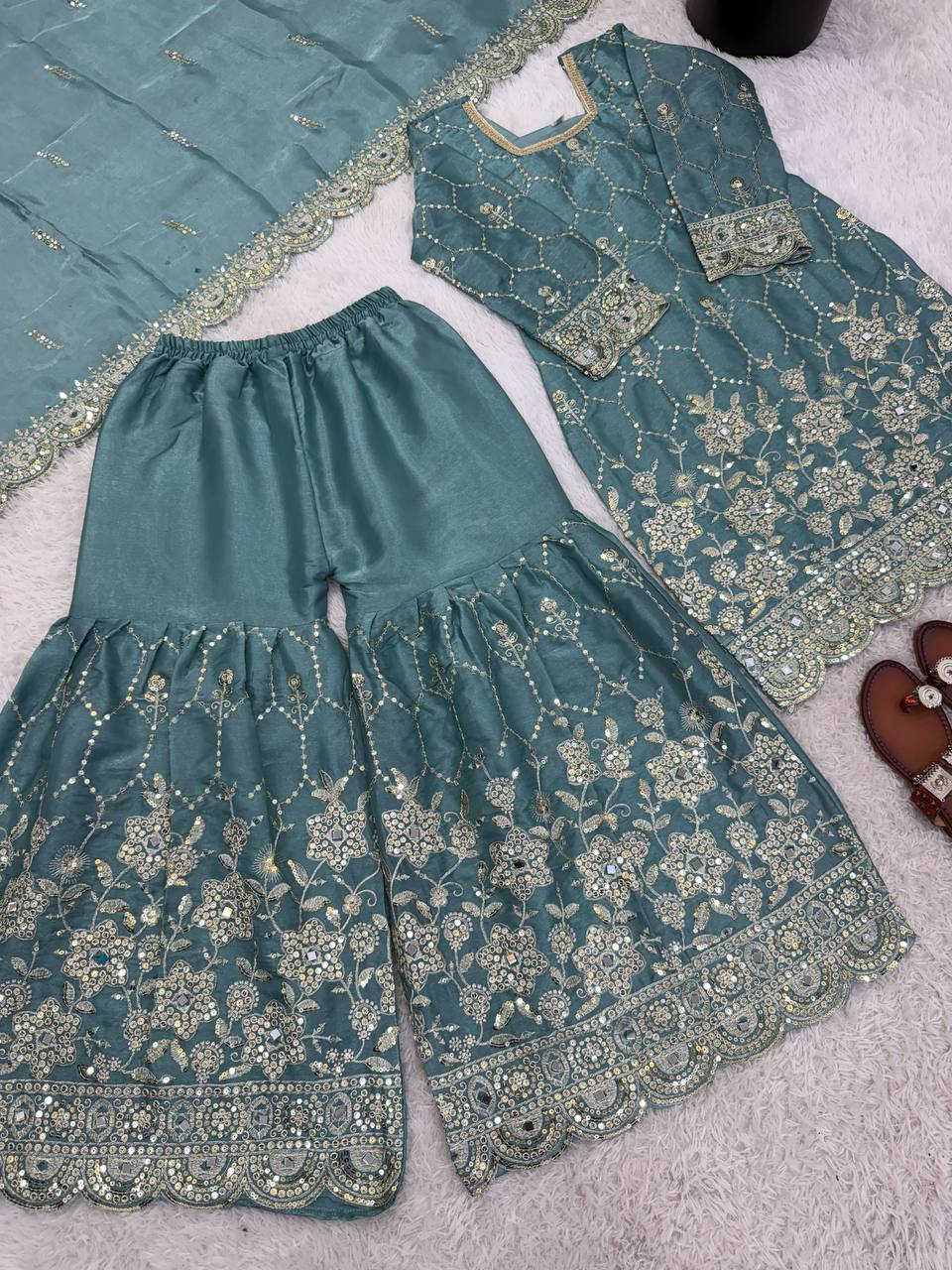 Designer GMY Silk Sharara Set with Real Mirror Hand Work | Fully Stitched 3-Piece