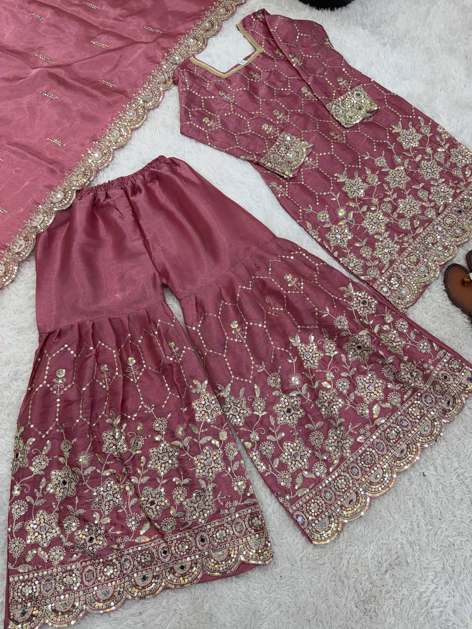 Designer GMY Silk Sharara Set with Real Mirror Hand Work | Fully Stitched 3-Piece