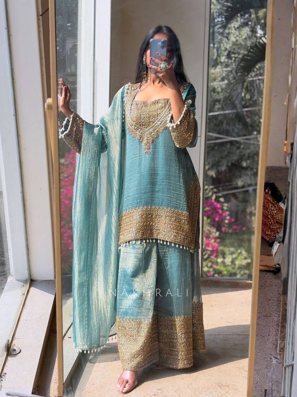 Fendy Silk Embroidered Sharara Pant Suit with Dupatta — Fully Stitched 3-Piece