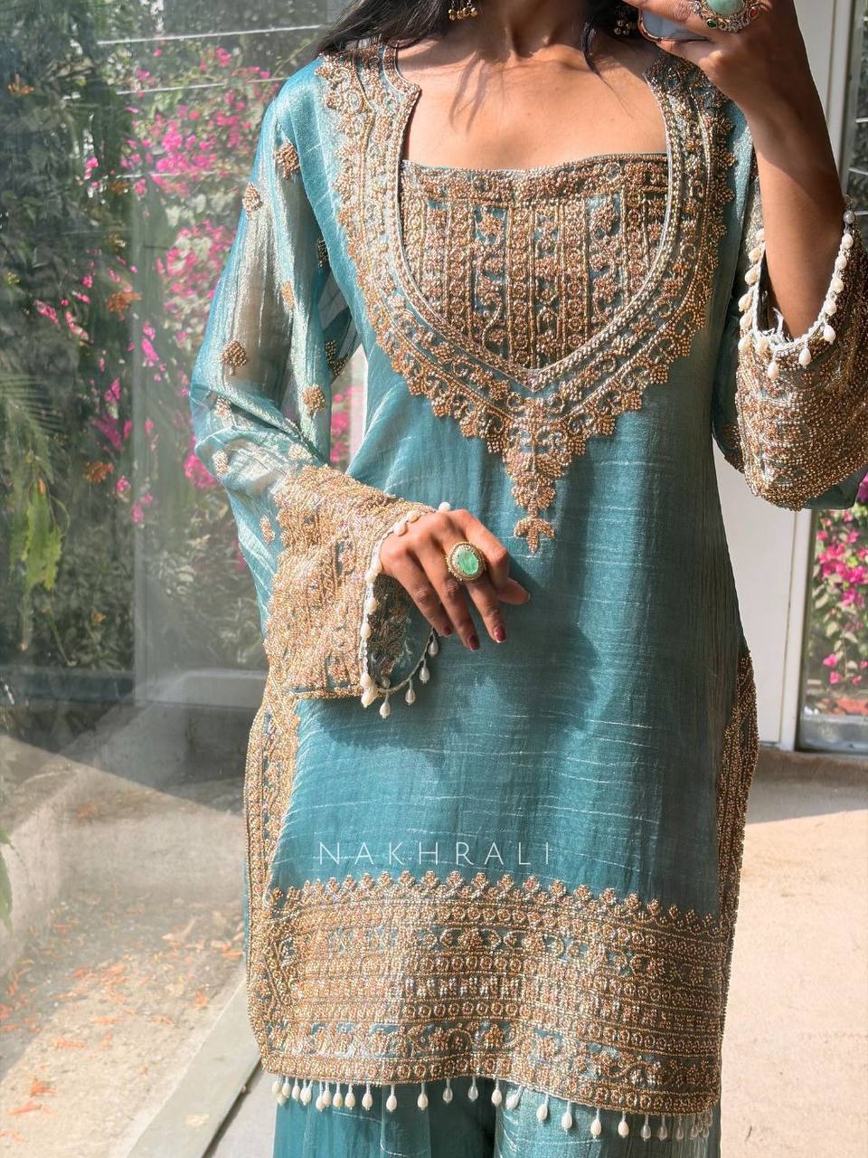 Fendy Silk Embroidered Sharara Pant Suit with Dupatta — Fully Stitched 3-Piece
