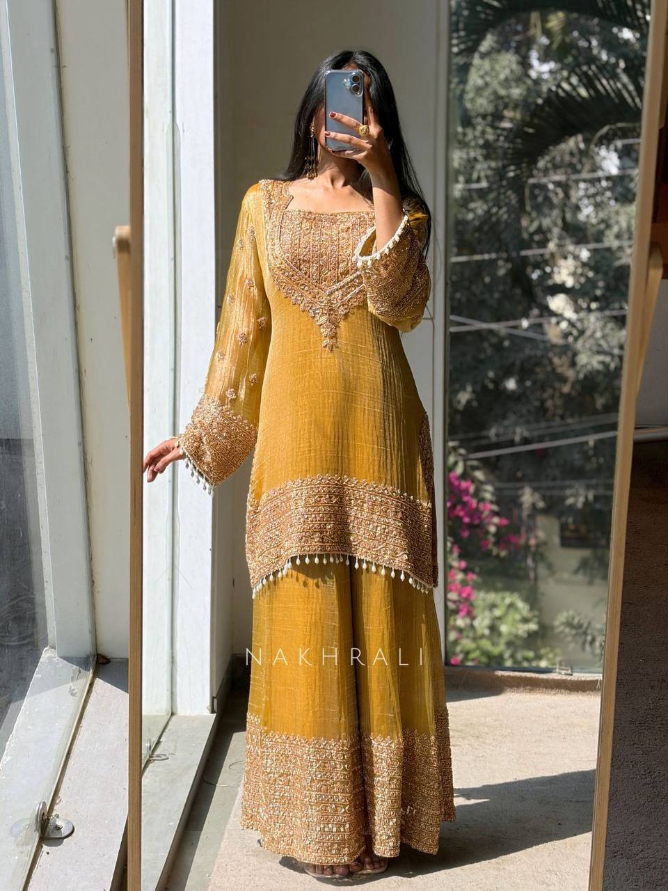 Fendy Silk Embroidered Sharara Pant Suit with Dupatta — Fully Stitched 3-Piece