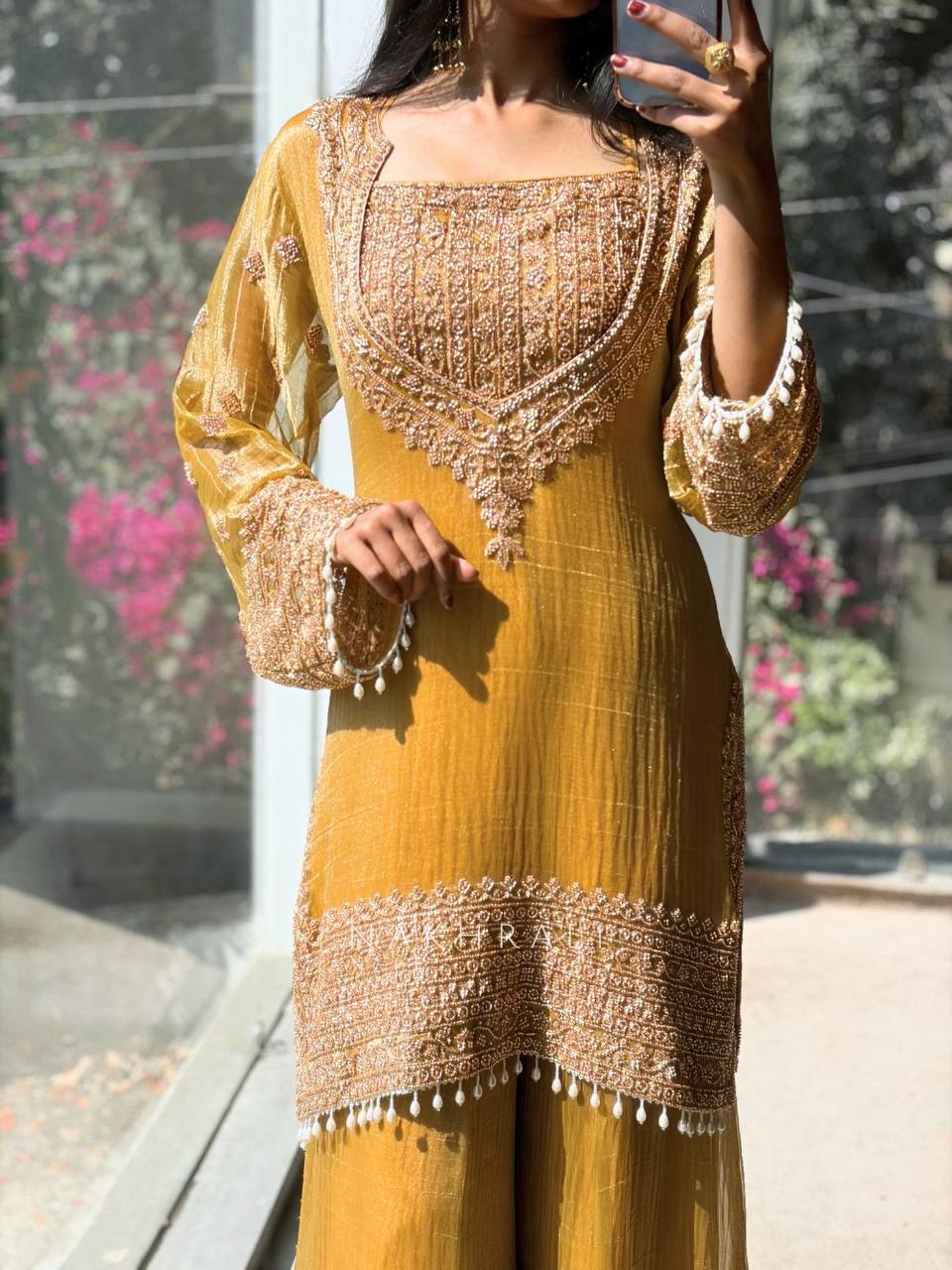 Fendy Silk Embroidered Sharara Pant Suit with Dupatta — Fully Stitched 3-Piece