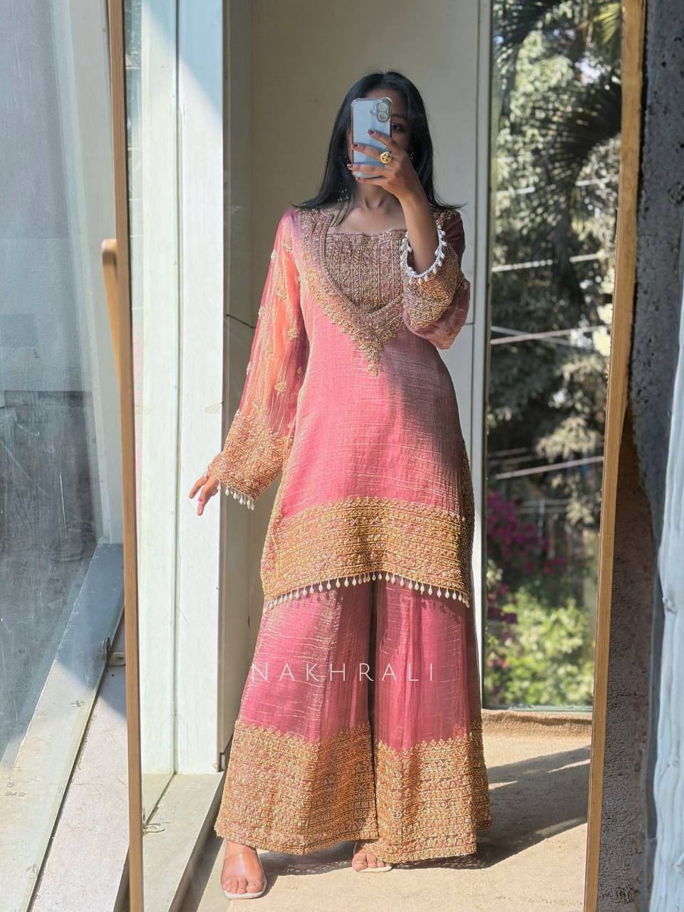 Fendy Silk Embroidered Sharara Pant Suit with Dupatta — Fully Stitched 3-Piece