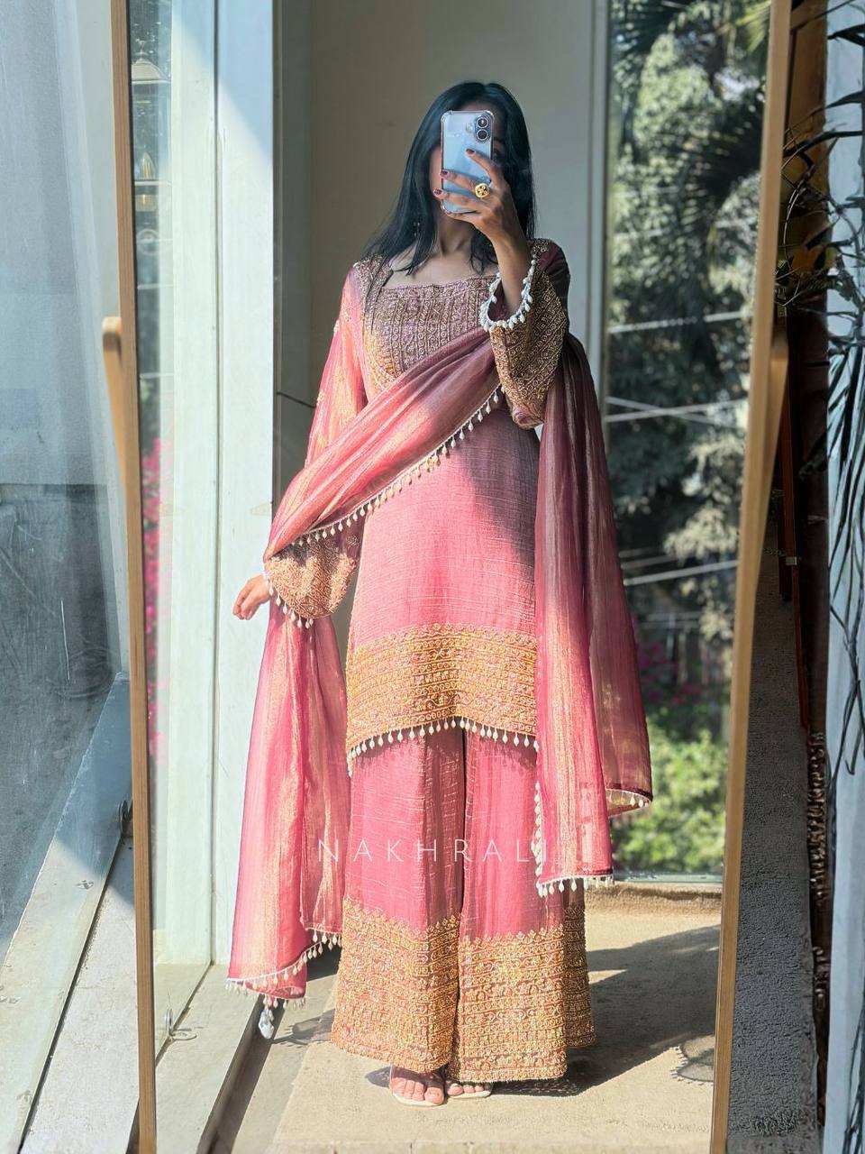 Fendy Silk Embroidered Sharara Pant Suit with Dupatta — Fully Stitched 3-Piece