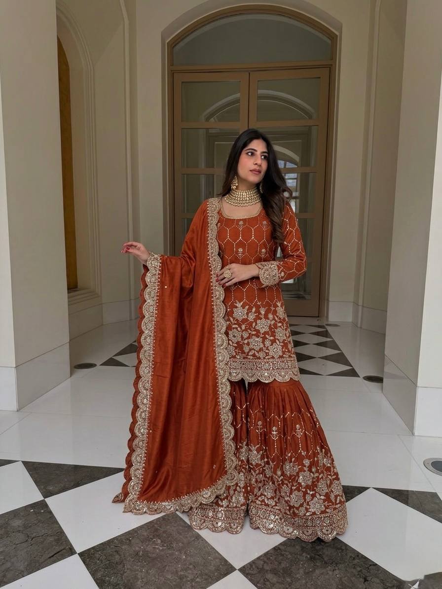 Designer GMY Silk Sharara Set with Real Mirror Hand Work | Fully Stitched 3-Piece