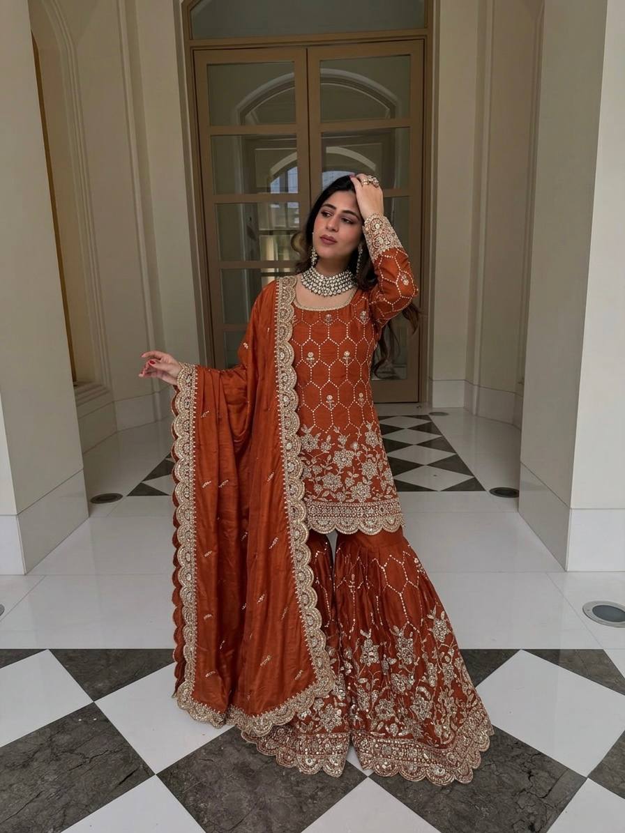 Designer GMY Silk Sharara Set with Real Mirror Hand Work | Fully Stitched 3-Piece