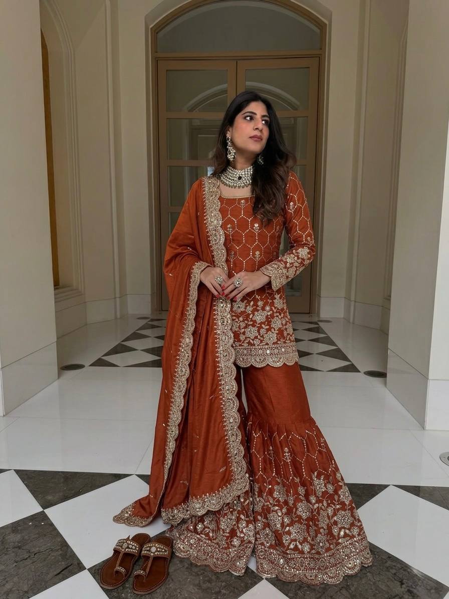 Designer GMY Silk Sharara Set with Real Mirror Hand Work | Fully Stitched 3-Piece