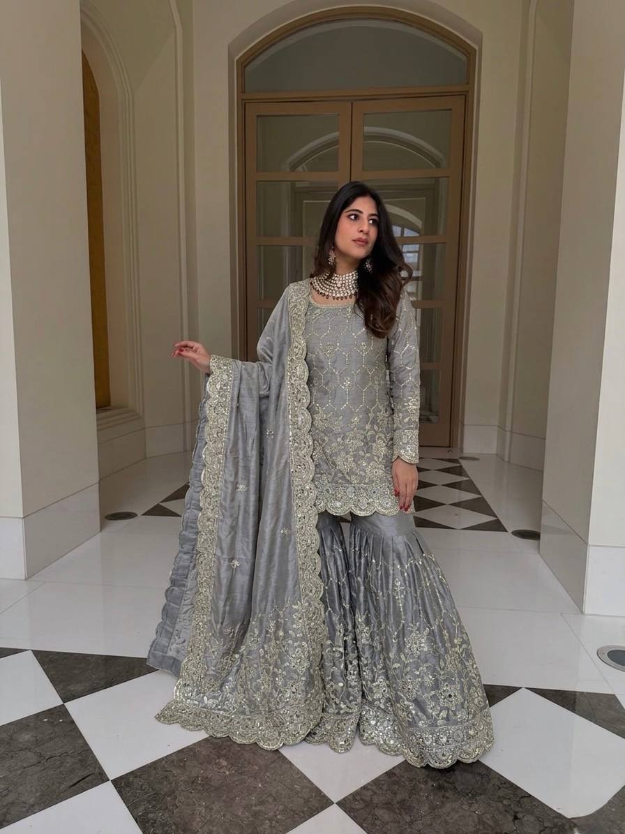 Designer GMY Silk Sharara Set with Real Mirror Hand Work | Fully Stitched 3-Piece