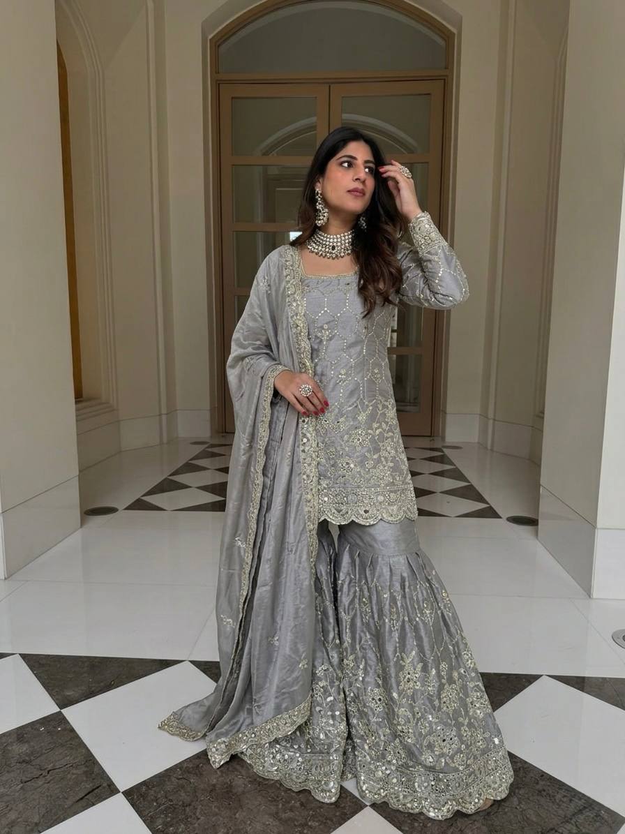 Designer GMY Silk Sharara Set with Real Mirror Hand Work | Fully Stitched 3-Piece
