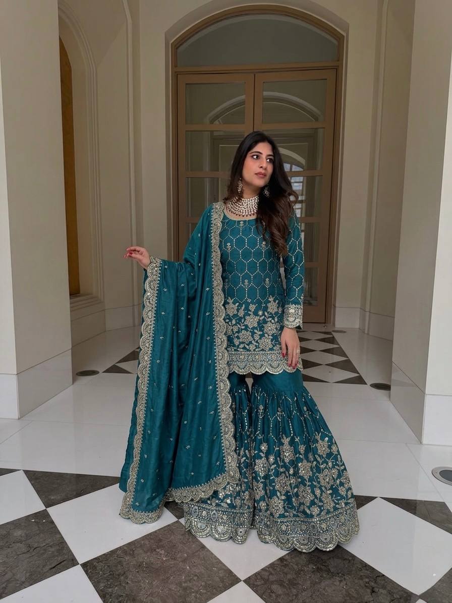 Designer GMY Silk Sharara Set with Real Mirror Hand Work | Fully Stitched 3-Piece
