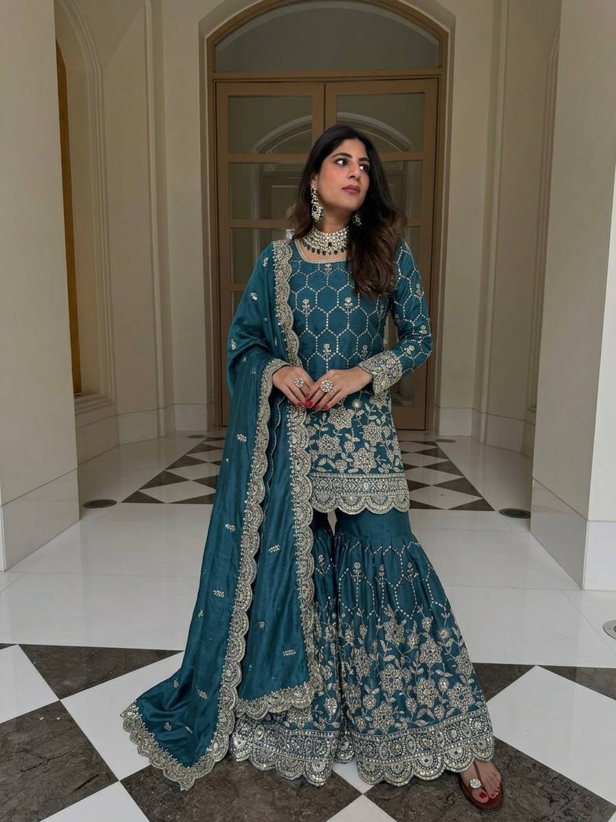 Designer GMY Silk Sharara Set with Real Mirror Hand Work | Fully Stitched 3-Piece