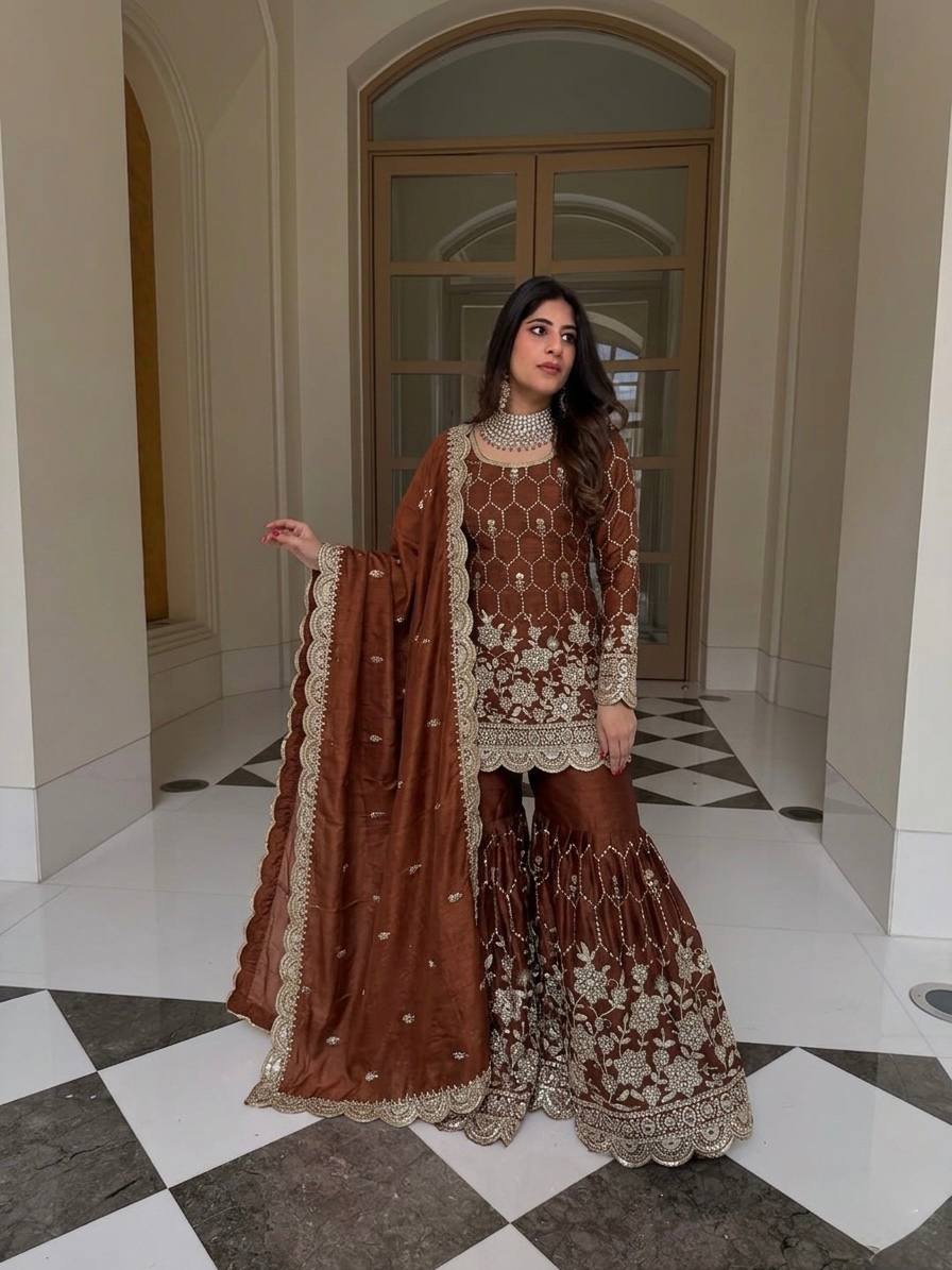 Designer GMY Silk Sharara Set with Real Mirror Hand Work | Fully Stitched 3-Piece