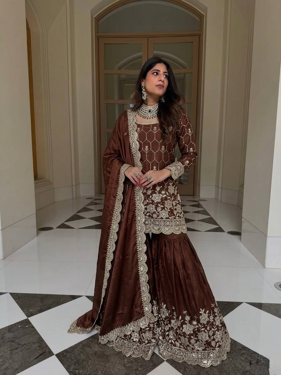 Designer GMY Silk Sharara Set with Real Mirror Hand Work | Fully Stitched 3-Piece
