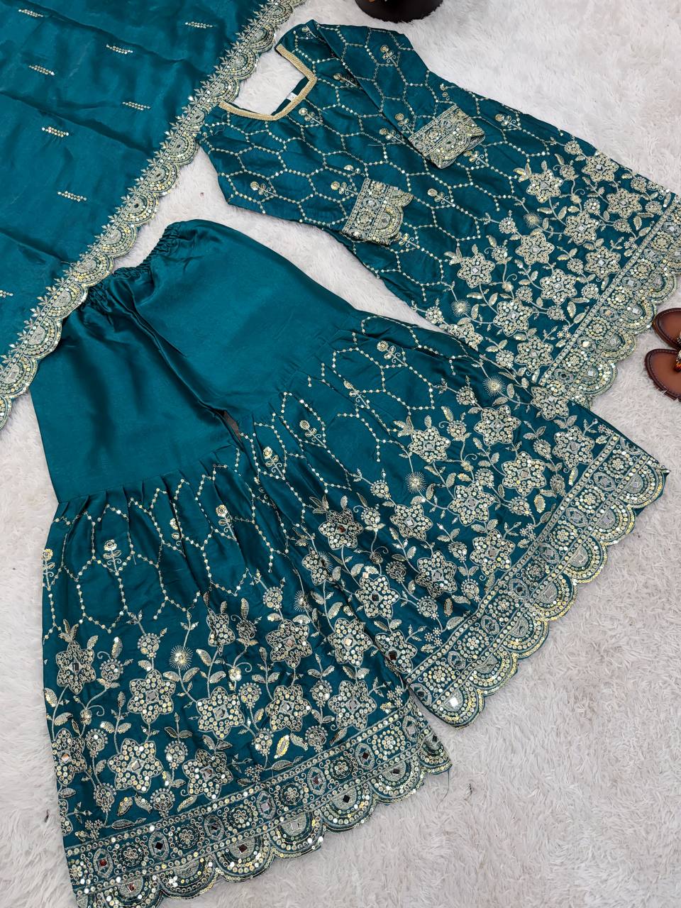 Designer GMY Silk Sharara Set with Real Mirror Hand Work | Fully Stitched 3-Piece