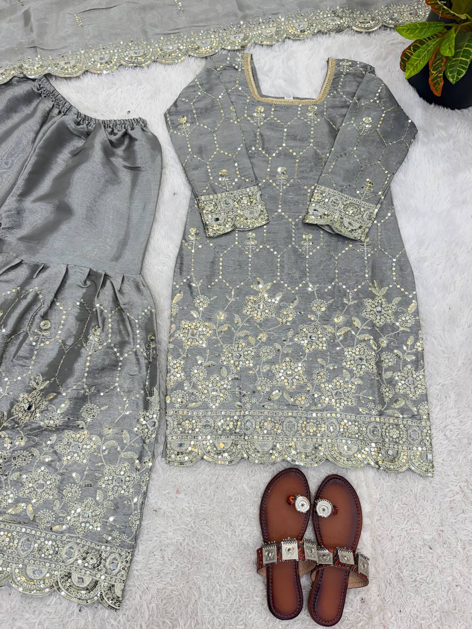 Designer GMY Silk Sharara Set with Real Mirror Hand Work | Fully Stitched 3-Piece
