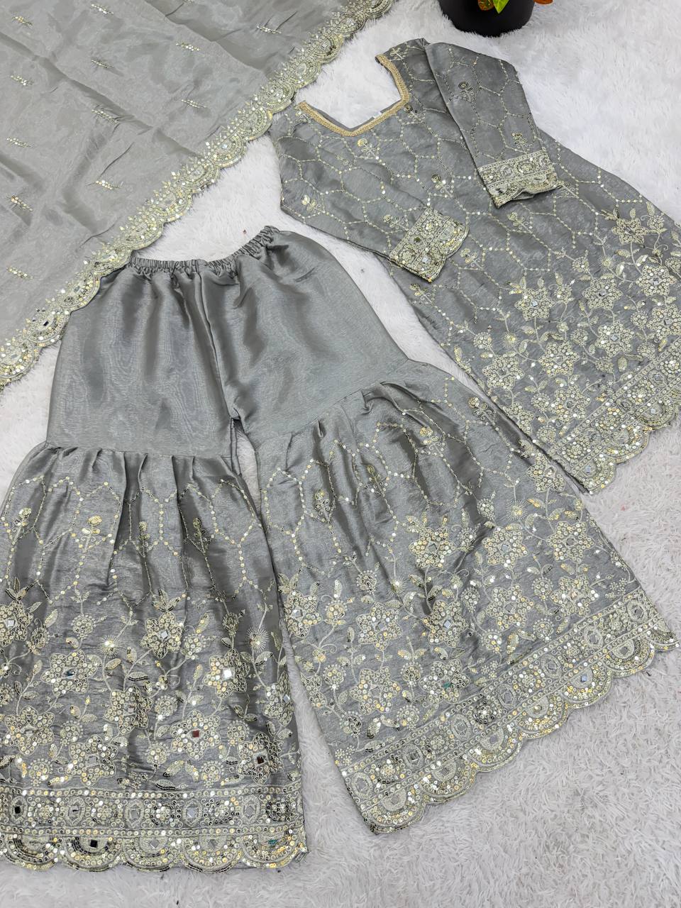 Designer GMY Silk Sharara Set with Real Mirror Hand Work | Fully Stitched 3-Piece