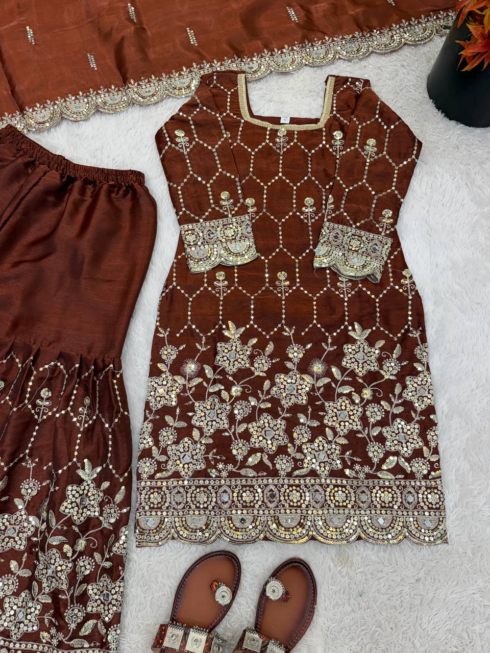 Designer GMY Silk Sharara Set with Real Mirror Hand Work | Fully Stitched 3-Piece