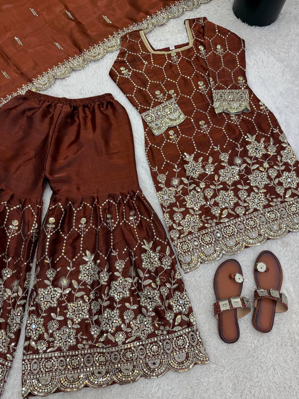 Designer GMY Silk Sharara Set with Real Mirror Hand Work | Fully Stitched 3-Piece